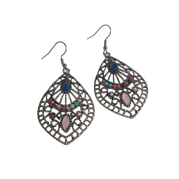 Bohemian Filigree Teardrop Earrings Multicolor Gemstones Beach Core Vacation - Picture 4 of 6